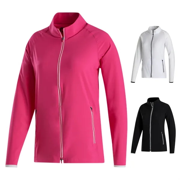 Women's jacket with four-way stretch, front zipper, side pockets, and water-repellent... from ASI 57653 Gold Bond