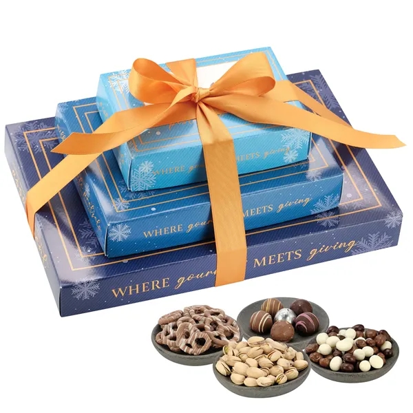 Box of pistachios, chocolate-covered pretzels, chocolate-covered raisins, and an assortment of... from ASI 71685 Midnite Snax®