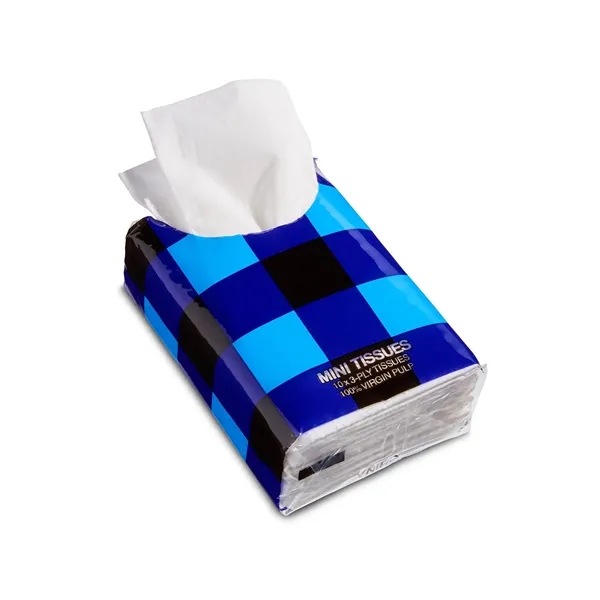 Resealable pack of pocket-sized tissues (10 ct.) with assorted color buffalo... from ASI 79530 Prime Line