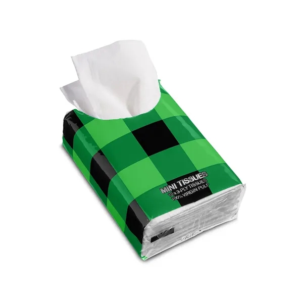Resealable pack of pocket-sized tissues (10 ct.) with assorted color buffalo... from ASI 79530 Prime Line