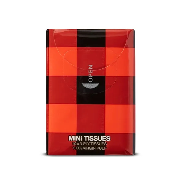 Resealable pack of pocket-sized tissues (10 ct.) with assorted color buffalo... from ASI 79530 Prime Line