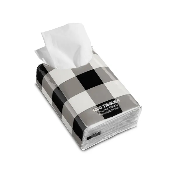 Resealable pack of pocket-sized tissues (10 ct.) with assorted color buffalo... from ASI 79530 Prime Line