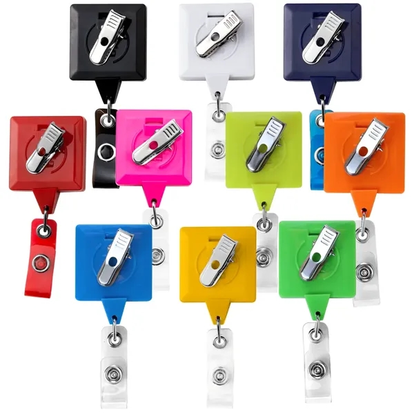 Square retractable badge reel in solid colors, alligator clip back, anti-twist... from ASI 49470 DEVARA