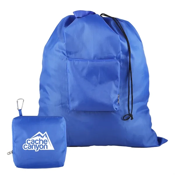 Drawstring laundry bag that stuffs into a built-in zippered carry pouch.... from ASI 52840 Evans Manufacturing