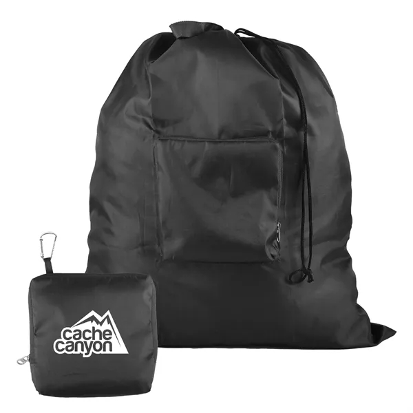 Drawstring laundry bag that stuffs into a built-in zippered carry pouch.... from ASI 52840 Evans Manufacturing