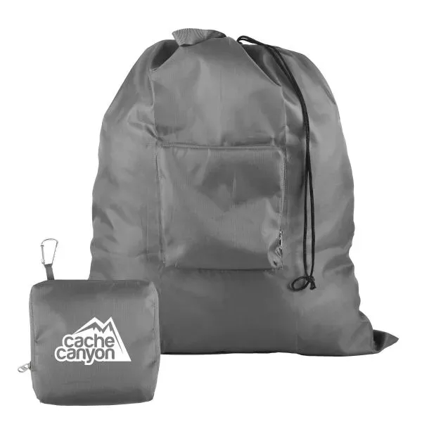 Drawstring laundry bag that stuffs into a built-in zippered carry pouch.... from ASI 52840 Evans Manufacturing