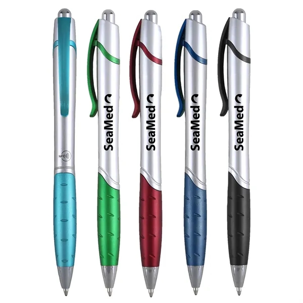 Retractable ballpoint pen with rubber grip and embedded NFC technology.... from ASI 52840 Evans Manufacturing