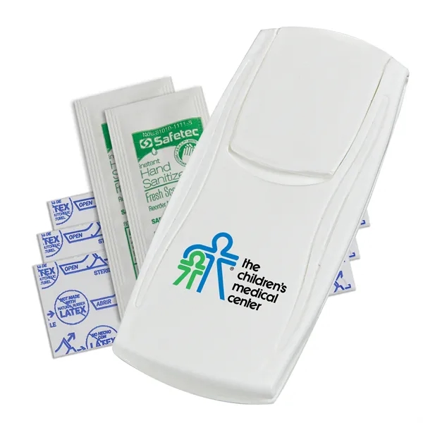 First aid kit with latex-free bandages and hand sanitizer.... from ASI 52840 Evans Manufacturing