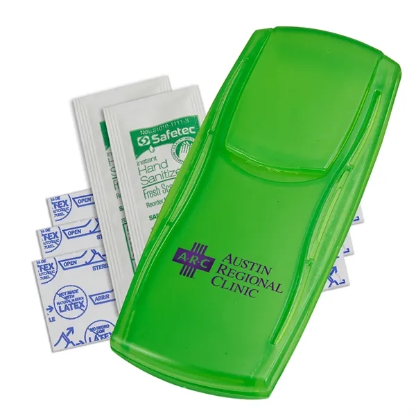 First aid kit with latex-free bandages and hand sanitizer.... from ASI 52840 Evans Manufacturing