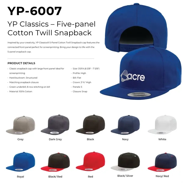 Yupoong 6007 YP Classics Five-Panel Hat with leatherette patches or embroidery... from ASI 74601 Calico