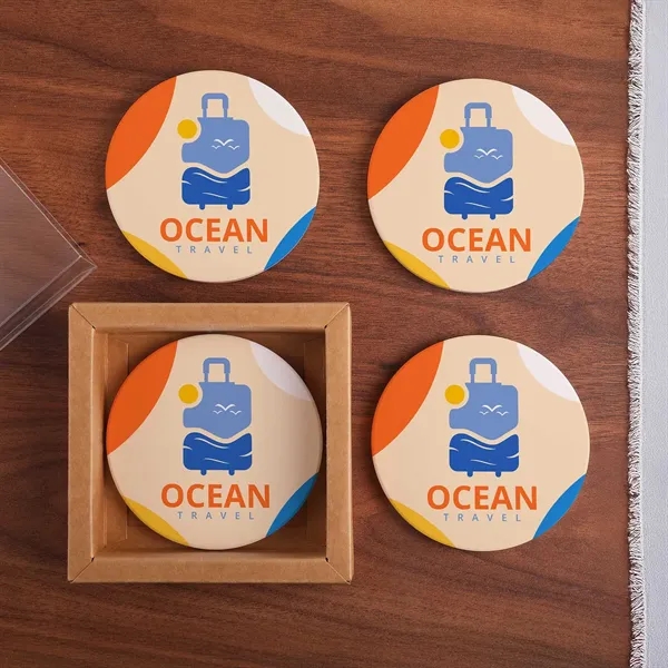 4-piece round ceramic coaster set packaged in a kraft box with... from ASI 61966 HPG / Beacon Promotions