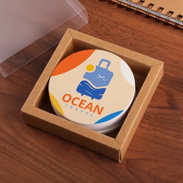 4-piece round ceramic coaster set packaged in a kraft box with... from ASI 61966 HPG / Beacon Promotions