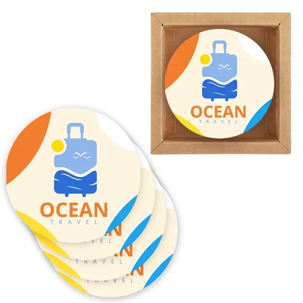 4-piece round ceramic coaster set packaged in a kraft box with... from ASI 61966 HPG / Beacon Promotions