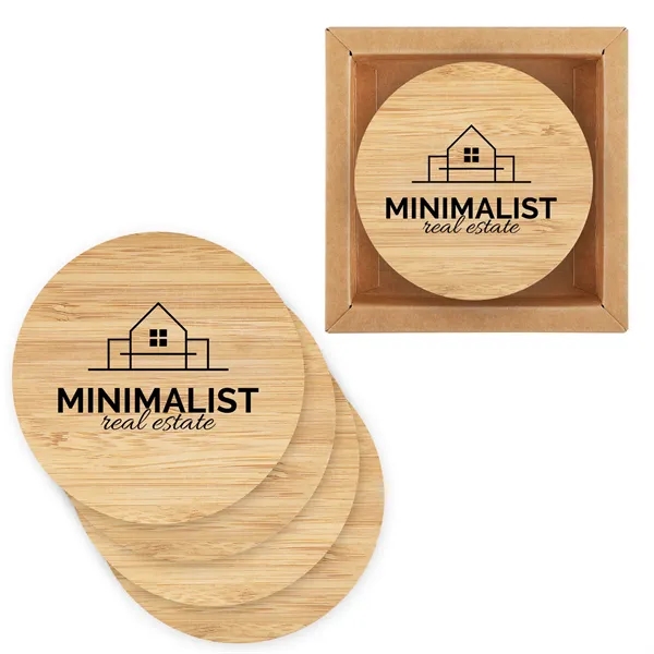 4-piece round bamboo coaster set packaged in a kraft box with... from ASI 61966 HPG / Beacon Promotions