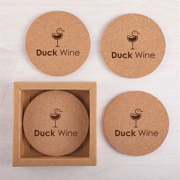 4-piece cork coaster set packaged in a kraft box with a... from ASI 61966 HPG / Beacon Promotions