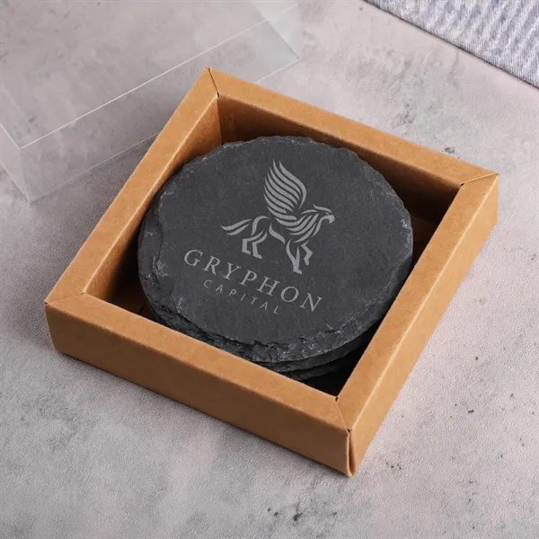 4-piece round slate coaster set packaged in a kraft box with... from ASI 61966 HPG / Beacon Promotions