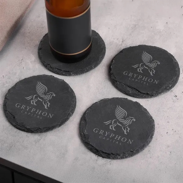 4-piece round slate coaster set packaged in a kraft box with... from ASI 61966 HPG / Beacon Promotions