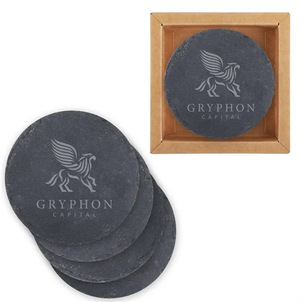 4-piece round slate coaster set packaged in a kraft box with... from ASI 61966 HPG / Beacon Promotions