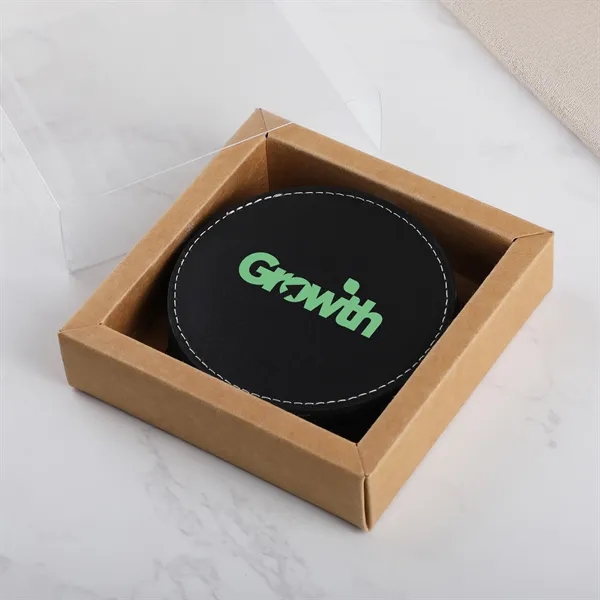 4-piece bonded leather coaster set packaged in a kraft box with... from ASI 61966 HPG / Beacon Promotions