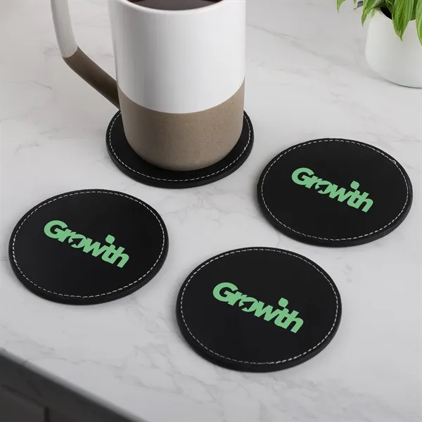 4-piece bonded leather coaster set packaged in a kraft box with... from ASI 61966 HPG / Beacon Promotions