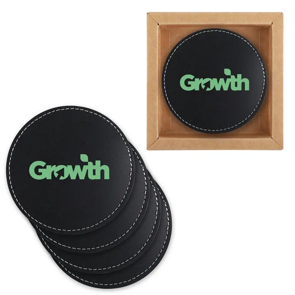 4-piece bonded leather coaster set packaged in a kraft box with... from ASI 61966 HPG / Beacon Promotions