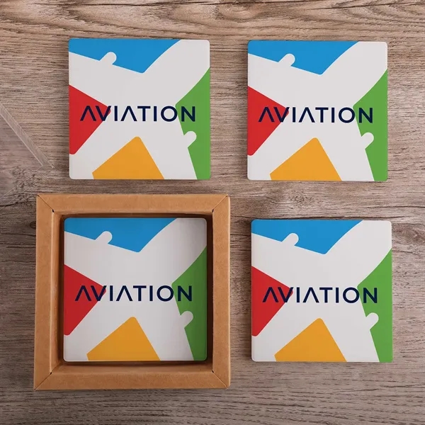 4-piece square ceramic coaster set packaged in a kraft box with... from ASI 61966 HPG / Beacon Promotions