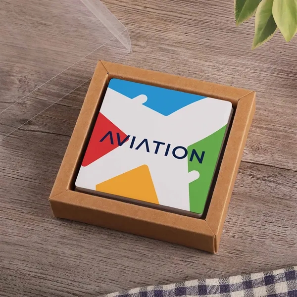 4-piece square ceramic coaster set packaged in a kraft box with... from ASI 61966 HPG / Beacon Promotions