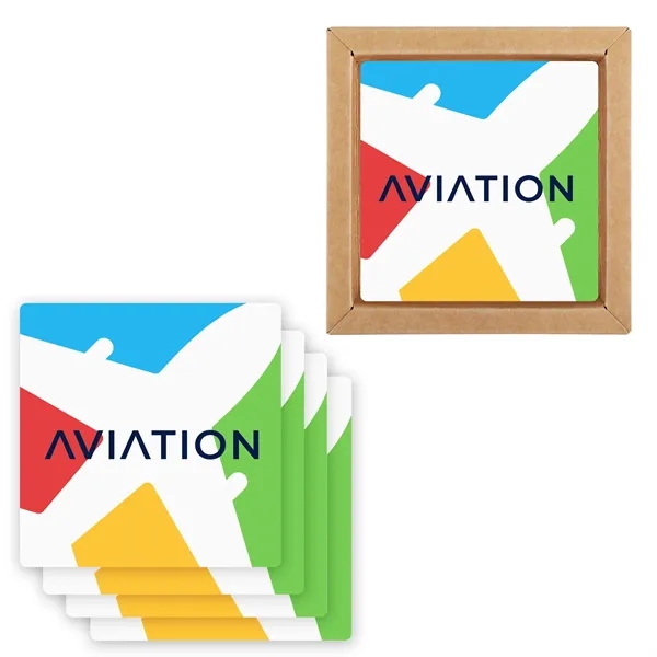 4-piece square ceramic coaster set packaged in a kraft box with... from ASI 61966 HPG / Beacon Promotions
