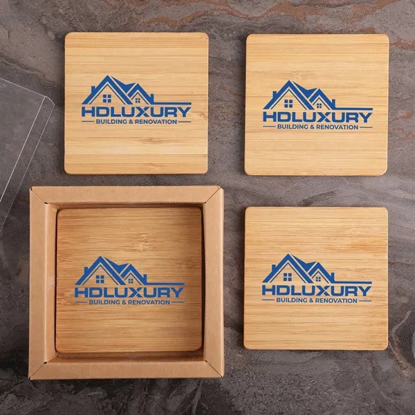 4-piece square bamboo coaster set packaged in a kraft box with... from ASI 61966 HPG / Beacon Promotions