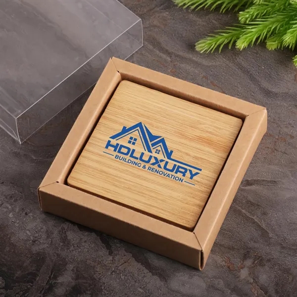 4-piece square bamboo coaster set packaged in a kraft box with... from ASI 61966 HPG / Beacon Promotions