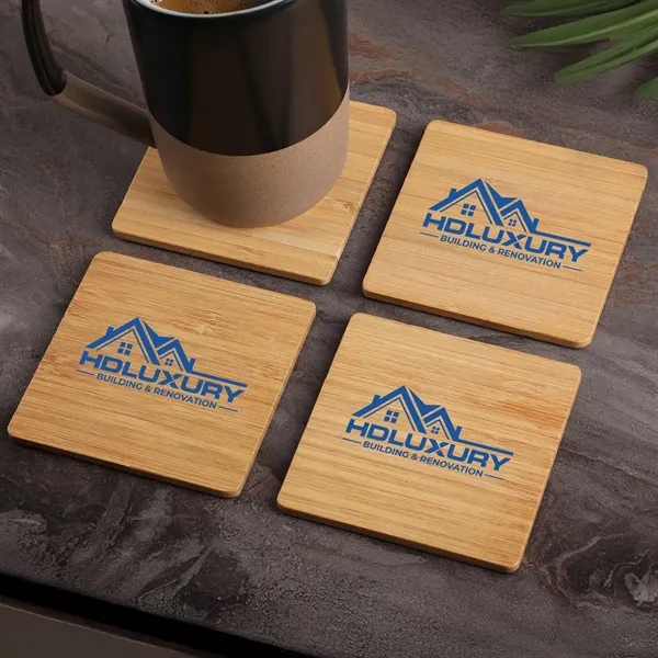 4-piece square bamboo coaster set packaged in a kraft box with... from ASI 61966 HPG / Beacon Promotions