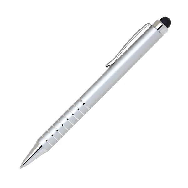 Anodized aluminum twist-action ballpoint pen with chrome stripped grip, shining accents,... from ASI 68190 Lungsal / Lungsal