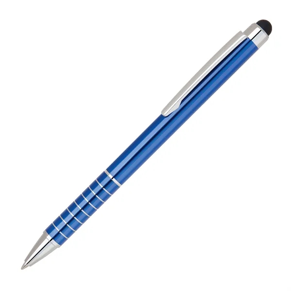 Slim anodized aluminum twist-action ballpoint pen with chrome stripped grip, shining... from ASI 68190 Lungsal / Lungsal