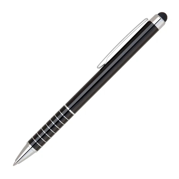 Slim anodized aluminum twist-action ballpoint pen with chrome stripped grip, shining... from ASI 68190 Lungsal / Lungsal