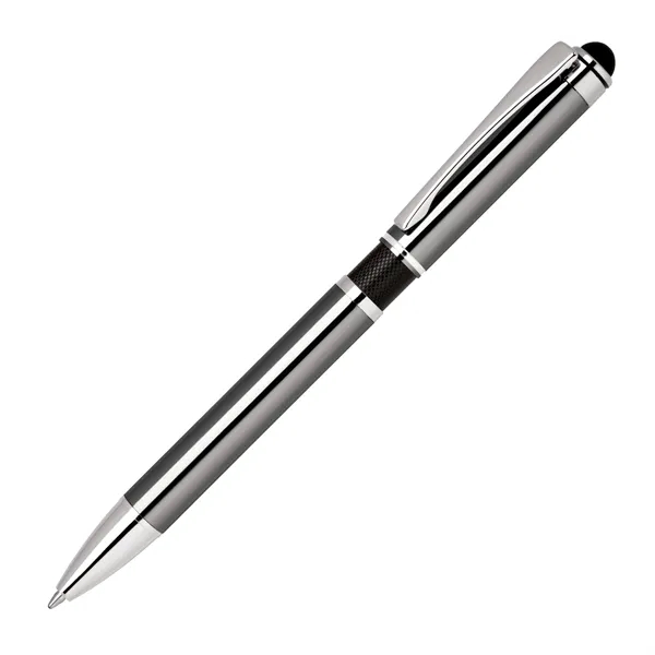 Anodized brass click-action ballpoint pen with a smooth silver color, textured... from ASI 68190 Lungsal / Lungsal