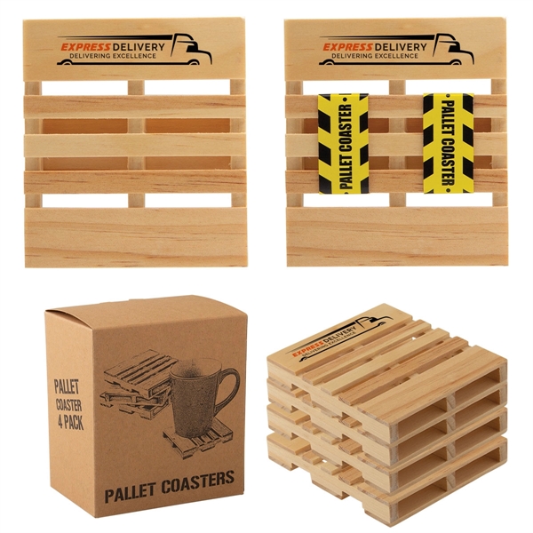 4 pack of customizable pallet-shaped coasters, made of pine wood with... from ASI 62190 Illini