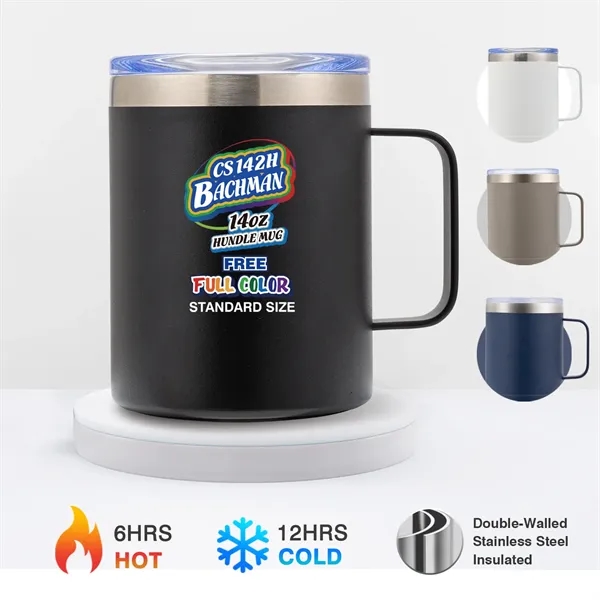 The Bachman 14oz Handle Mug features a spill proof lid designed... from ASI 82498 RiteLine LLC