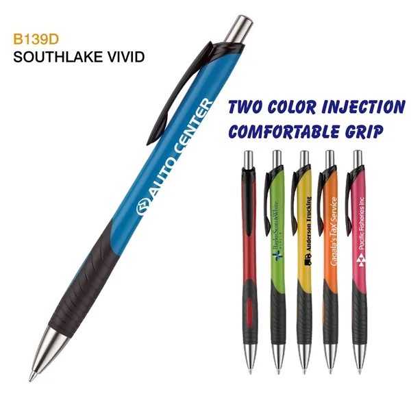 Plunger action pen with contoured colored barrel with grooved, co-molded soft... from ASI 82498 RiteLine LLC