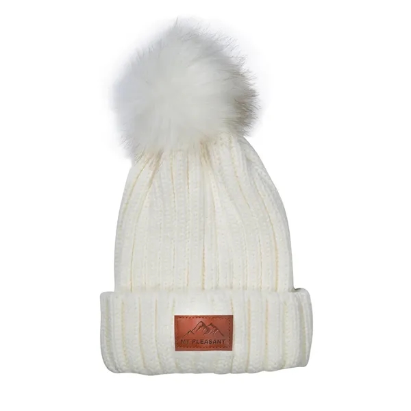 Leeman™ knit acrylic beanie with PU patch and faux fur pom-pom.... from ASI 79530 Prime Line