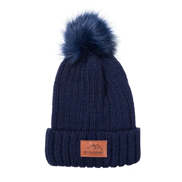 Leeman™ knit acrylic beanie with PU patch and faux fur pom-pom.... from ASI 79530 Prime Line