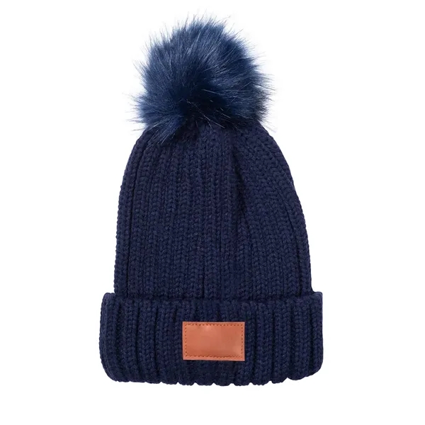 Leeman™ knit acrylic beanie with PU patch and faux fur pom-pom.... from ASI 79530 Prime Line