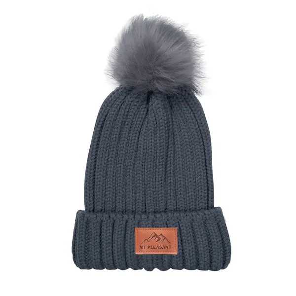 Leeman™ knit acrylic beanie with PU patch and faux fur pom-pom.... from ASI 79530 Prime Line