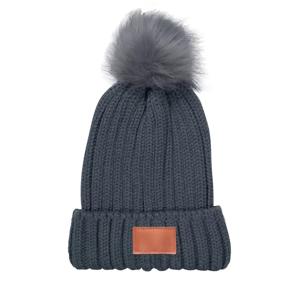 Leeman™ knit acrylic beanie with PU patch and faux fur pom-pom.... from ASI 79530 Prime Line