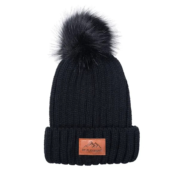 Leeman™ knit acrylic beanie with PU patch and faux fur pom-pom.... from ASI 79530 Prime Line