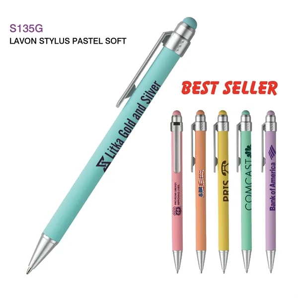 Pastel colored pen with soft touch barrel, silver accents, clip-action retraction,... from ASI 82498 RiteLine LLC