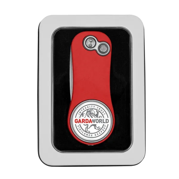 Golf divot tool with removable ball marker in window gift tin.... from ASI 52263 EMT / EMT