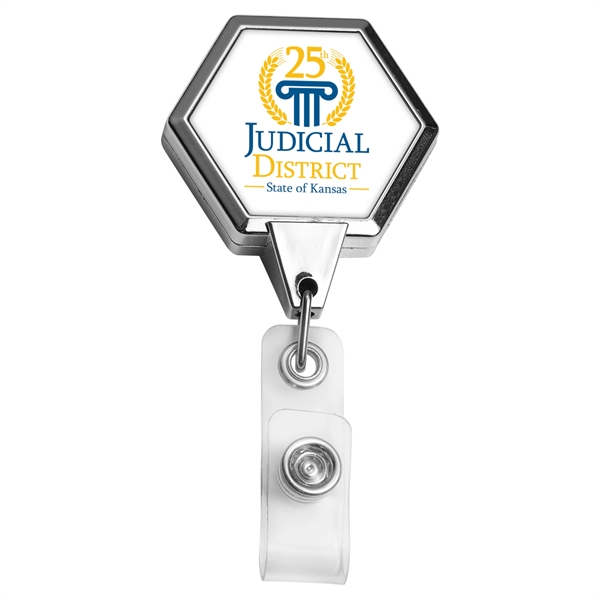 JUMBO Hexagon retractable badge reel in chrome finish, bull dog clip... from ASI 49470 DEVARA