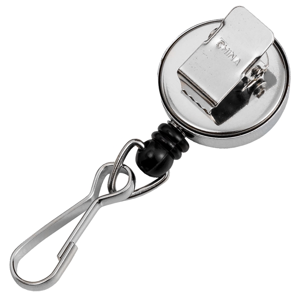 Round chrome metal body retractable badge reel with stationary bull dog... from ASI 49470 DEVARA