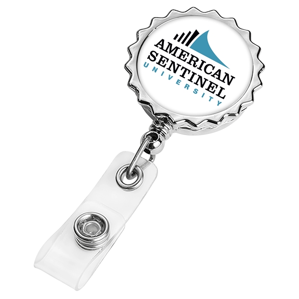 Bottle Cap retractable badge reel in chrome finish, bull dog clip... from ASI 49470 DEVARA