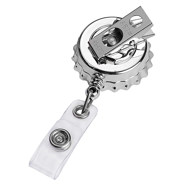Bottle Cap retractable badge reel in chrome finish, bull dog clip... from ASI 49470 DEVARA
